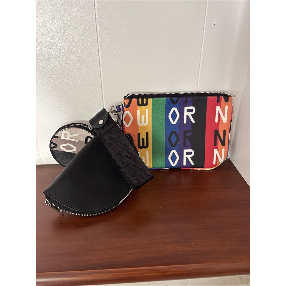 ZARA Rainbow Black "NOW OR NEVER" Wristlet Clutch 3 Piece Coin Purse Wristlet